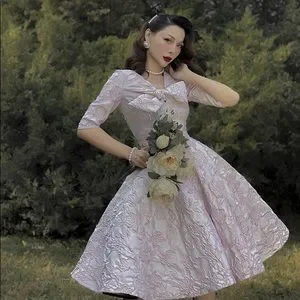 Le palais vintage French fairy style relief pink rose swing dress